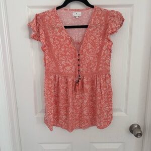 True Craft Coral Floral V-Neck Tassel Peasant Top. Size XS